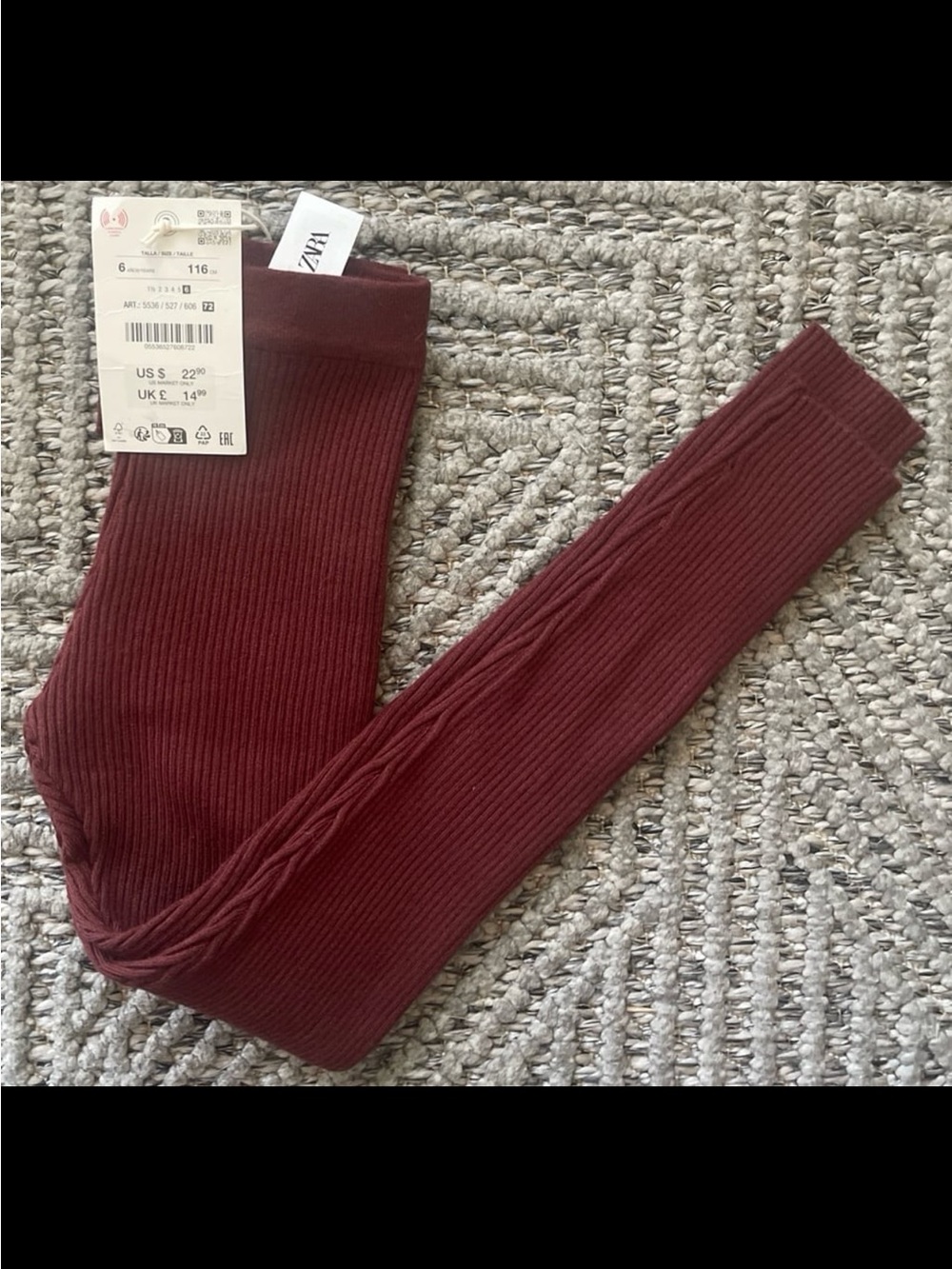 Zara Ribbed Burgundy Girls Leggings Sz 6, NWT
